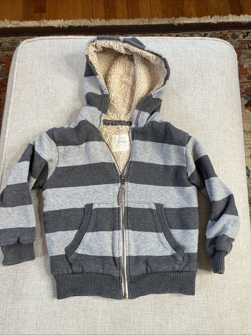 Mini Boden Full Zip Hood Sweatshirt Jacket 3-4Y Stripe Fleece Lined Gray READ